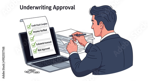 Businessman reviews documents for underwriting approval on laptop screen