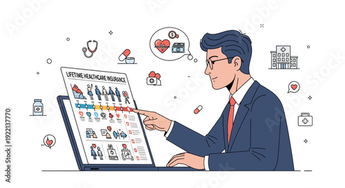 Businessman reviews healthcare insurance information on a laptop computer