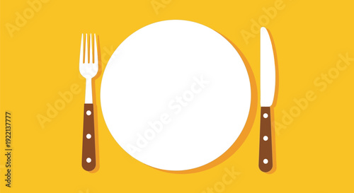 Place setting illustration features a white plate centered between a silver fork and knife against a vibrant yellow background.