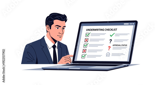 Businessman viewing underwriting checklist on laptop screen against a white background
