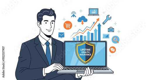 Businessman with laptop and financial icons representing insurance and growth