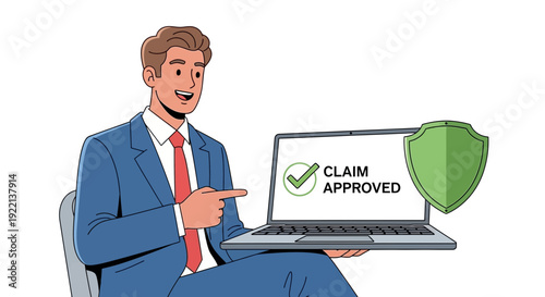 Businessman with laptop and shield shows online claim approval