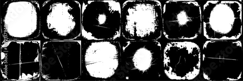 Frames grunge distressed square and rounded rectangle set of 12 weathered border elements with scratched texture, ink splatter edges and worn stamp style