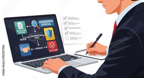 Businessman working on laptop computer with underwriting approval icons