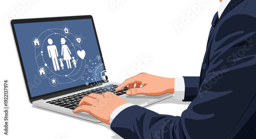 Businessman working on laptop showing family concept icon on screen