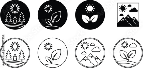 Set of nature icons illustrates ecological themes including mountains, growing plants, and sunny forest landscapes in.