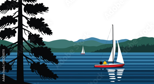 Sailboats glide across deep blue water near a dark forest silhouette beneath a bright sky.