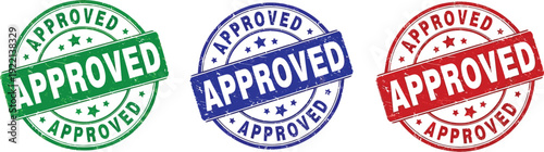 Approved rubber stamps shown in green, blue, and red colors with grunge texture for official document verification and quality.