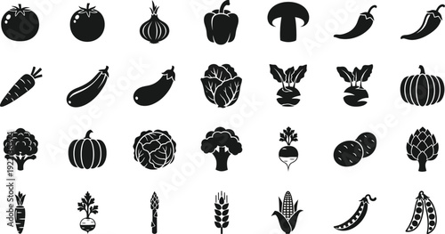 Assortment of glossy black vegetable icons includes tomatoes, garlic, peppers, mushrooms, and various root crops.