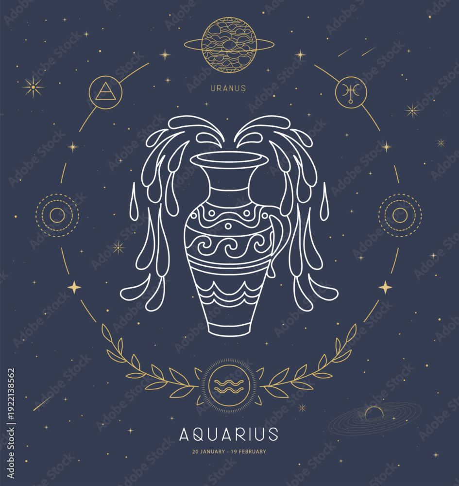 Naklejka premium Modern magic witchcraft card with astrology Aquarius zodiac sign characteristic. Vector illustration