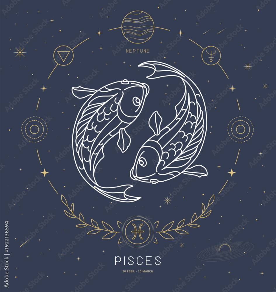 Naklejka premium Modern magic witchcraft card with astrology Pisces zodiac sign characteristic. Vector illustration