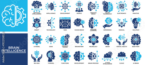 Brain Intelligence icon set collection. Containing mental, organ, mind, spirit, intelligence, thinking, brain .Solid vector icons collection
