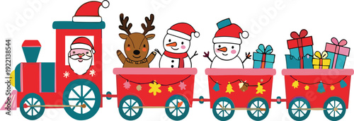 Christmas train with Santa Claus snowman reindeer and gifts flat vector illustration festive holiday cartoon design