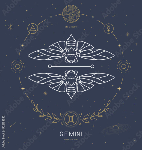 Modern magic witchcraft card with astrology Gemini zodiac sign characteristic. Vector illustration
