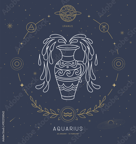 Modern magic witchcraft card with astrology Aquarius zodiac sign characteristic. Vector illustration
