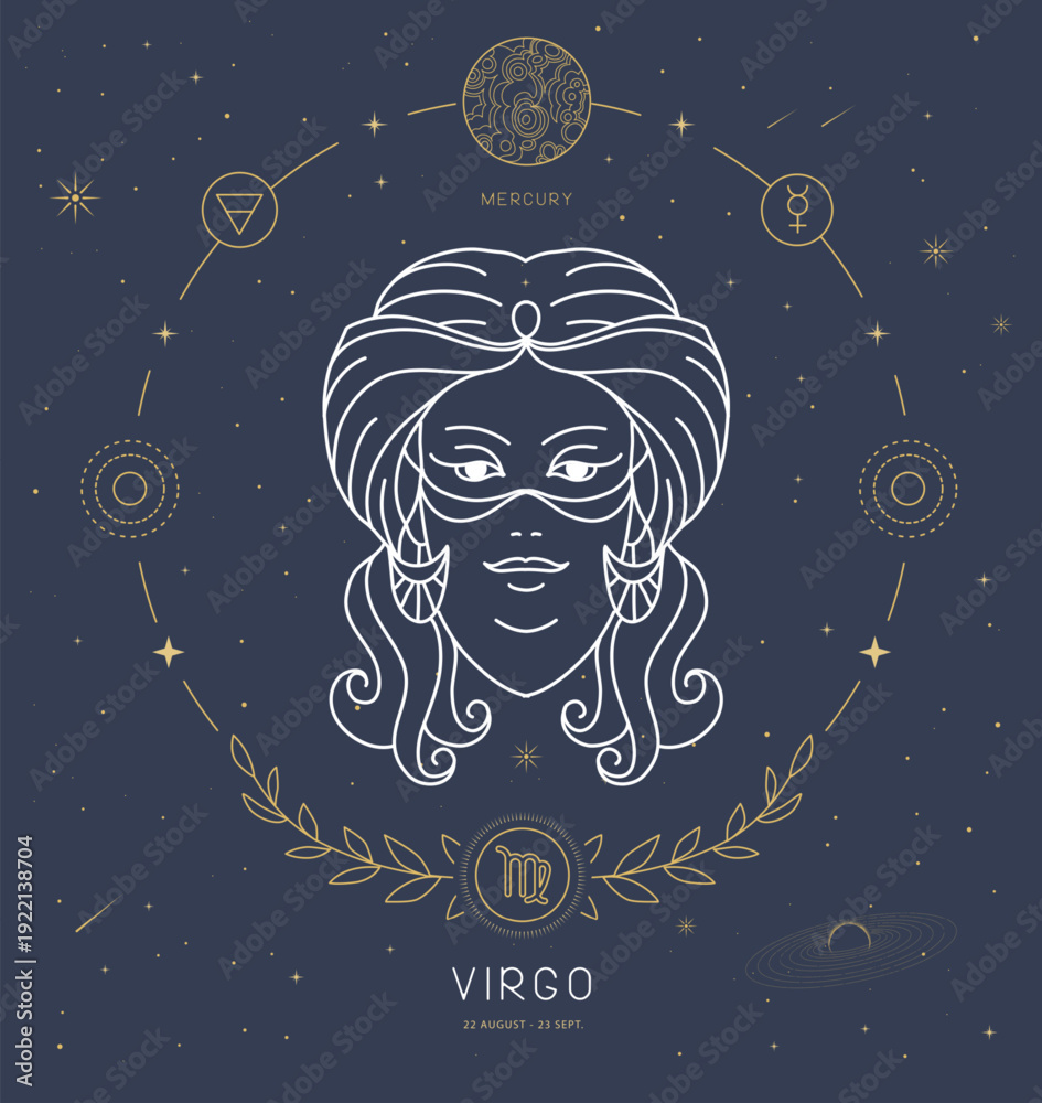 Naklejka premium Modern magic witchcraft card with astrology Virgo zodiac sign characteristic. Vector illustration