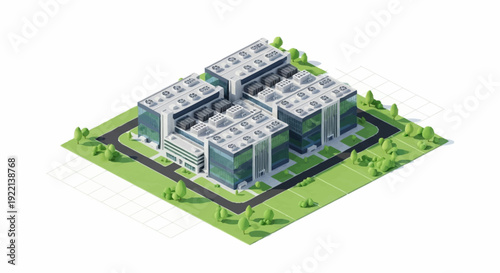 Isometric view of modern office buildings with green surroundings.