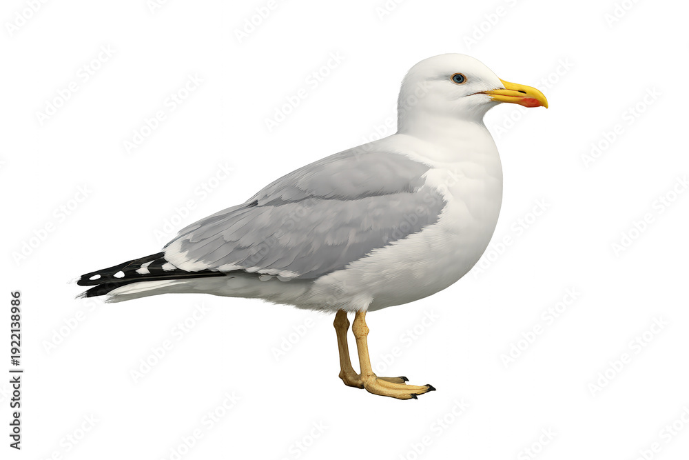 Fototapeta premium Seagull standing in profile, watching, with white and grey feathers, yellow beak, and legs. An isolated bird
