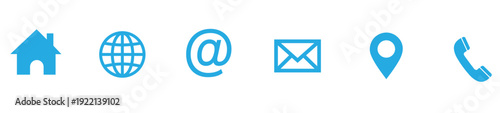 Set of blue contact icons: home, globe, email, message, location, phone.