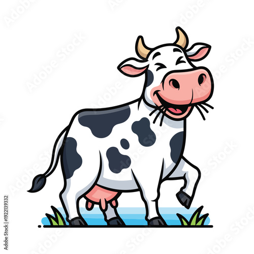 Smiling cow standing on grass with one leg bent animal