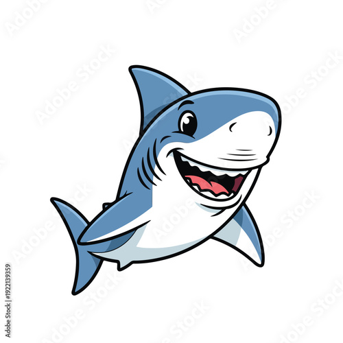 Friendly cartoon shark with a cheerful expression swims forward