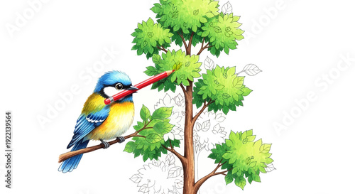 Vibrant bird coloring a tree with red pencil