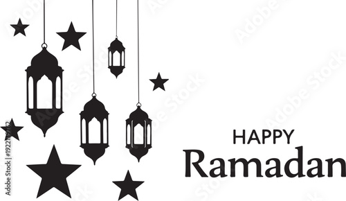Happy ramadan greeting with lanterns and stars