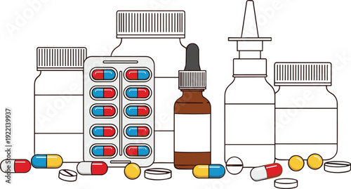 Medical medicines collection with capsules, tablets, nasal spray, and dropper bottles illustrating healthcare treatment, pharmacy supplies, prescription drugs, and pharmaceutical products used