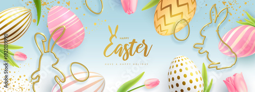 Happy Easter background with colorful easter eggs, golden rabbit silhouettes and tulips. Holiday greeting card or poster. Vector illustration