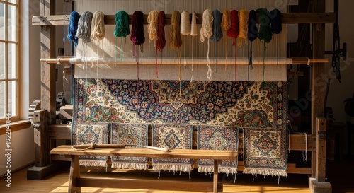 Intricate Rug Weaving on Loom with Colorful Yarns.