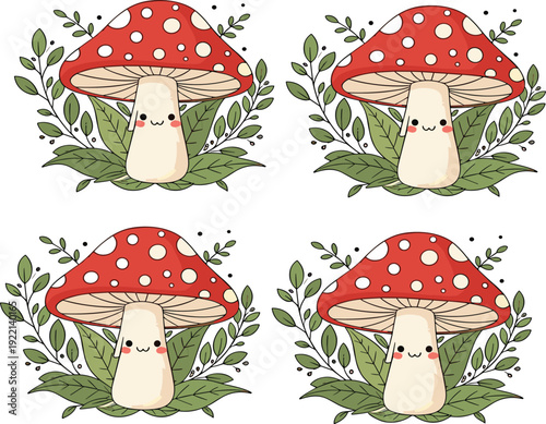 Cute cartoon mushroom toadstool collection with red spotted amanita and leaves kawaii vector illustration set