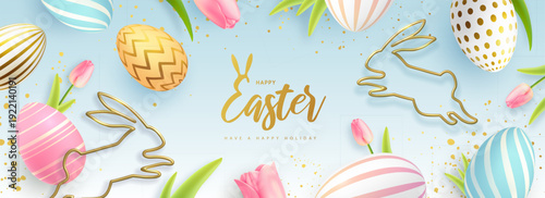 Happy Easter background with colorful easter eggs, golden rabbit silhouettes and tulips. Holiday greeting card or poster. Vector illustration