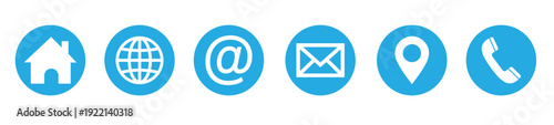 Blue circular contact icons: home, globe, email, message, location, phone.