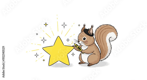 Cute squirrel wearing glasses drawing a bright yellow star with crayon