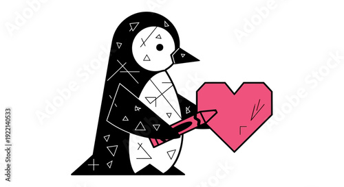 Cute penguin holding pink heart with pencil