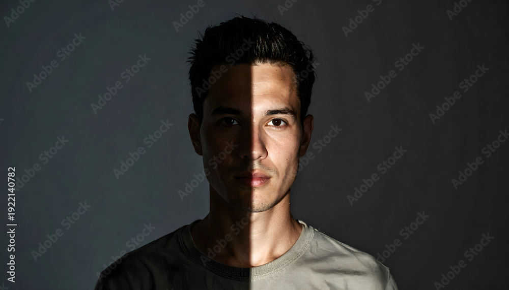 Obraz premium Person standing between shadow and bright light split environment, inner conflict 