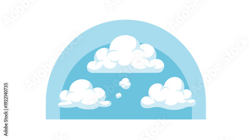 Simple graphic illustration of several fluffy white cumulus clouds floating within a light blue arched sky frame on a plain white background.