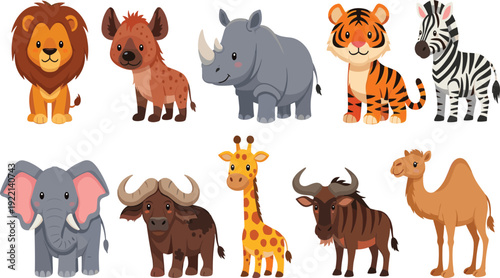 Cute African Safari Animals Cartoon Vector Set Featuring Lion Rhino Elephant Giraffe Zebra Tiger Camel and Wildebeest Characters