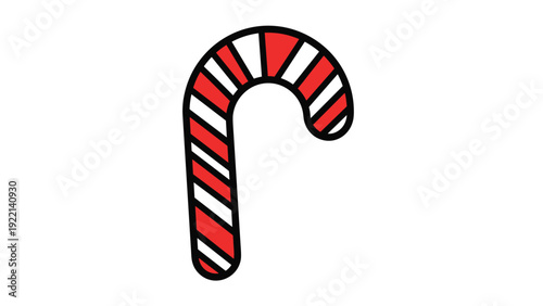 Traditional Christmas candy cane illustration featuring bold red and white diagonal stripes and a hook shape on a white background.