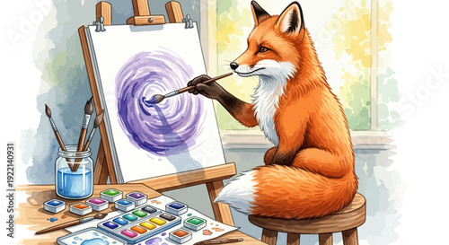 Creative fox artist painting vibrant purple swirls on canvas