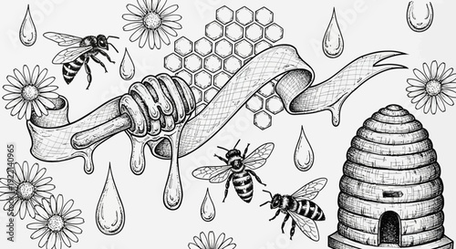 Honey bees artwork with honeycomb and flowers design elements