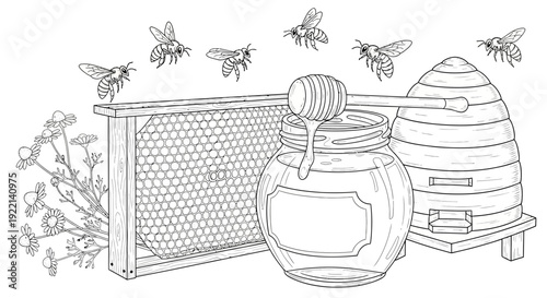 Honey bees buzz around honeycomb jar and hive vector illustration