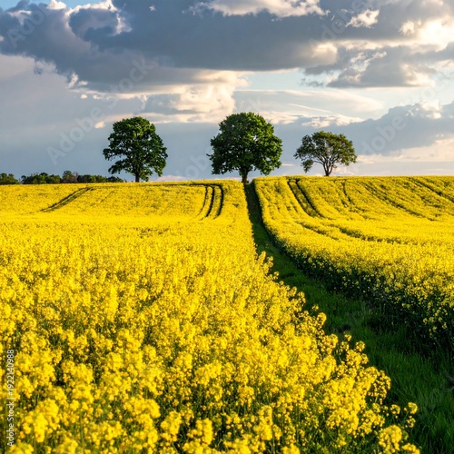 Vibrant Yellow Field of Rapeseed Blossoms Under a Dramatic Cloudy Sky with Trees.
