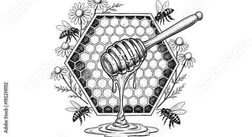 Honey dipper with honeycomb and bees vector illustration