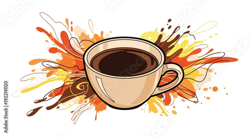 Stylized Coffee Cup with Abstract Splashes of Color.