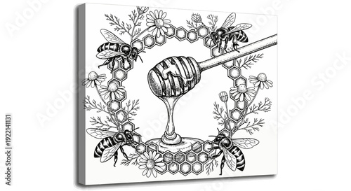 Honey dripping from a dipper surrounded by bees and floral elements