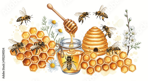 Honey dripping from a dipper with bees and honeycomb graphic illustration