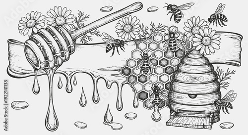 Honey dripping from a dipper with bees honeycomb and flowers illustration