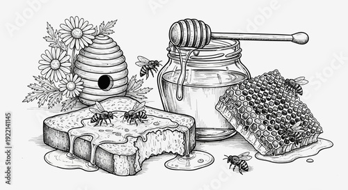 Honey dripping from a honey dipper onto toast with bees and a honeycomb