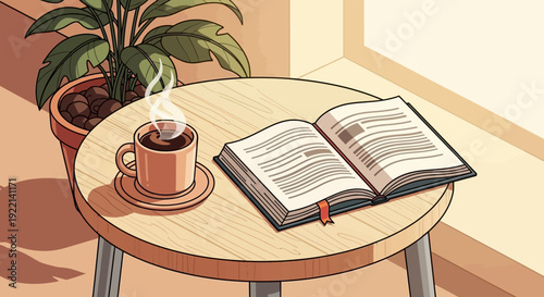 Cozy Coffee Break with Open Book and Plant on Round Table.